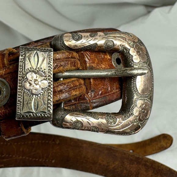 Vintage 4 piece sterling tan western tooled leather belt small - Picture 10 of 13